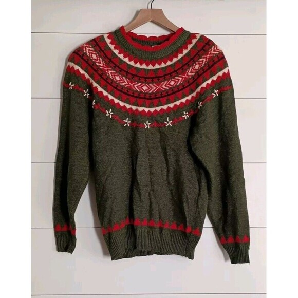 Vtg Koret Sweater SMALL Red Green Fair Isle Knit Grannycore Knit 90s Embroidered - Picture 1 of 10